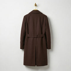 Back view of men's brown wool overcoat with half belt detail.