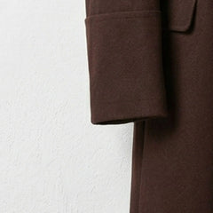 Detail of sleeve cuff on men's brown wool winter overcoat.