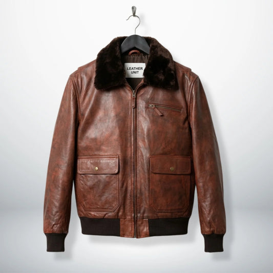 front view mens brown g1 bomber aviator leather jacket with fur collar by Leather Unit.