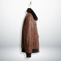 side profile mens brown g1 bomber leather jacket hanging on hook.