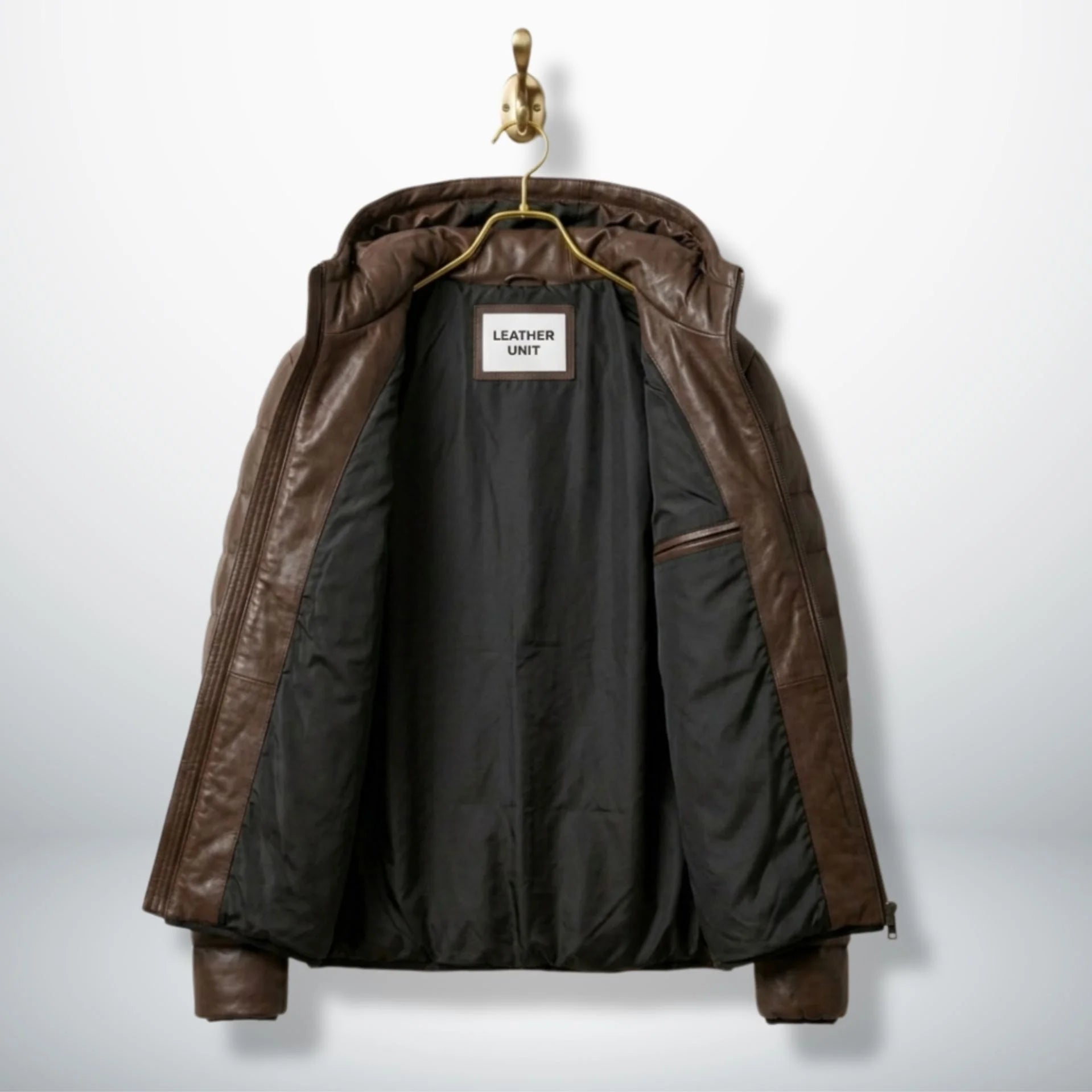 Inside view of Brown Leather Puffer Jacket with premium lining and Leather Unit tag