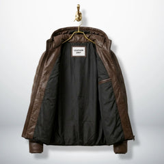 Inside view of Brown Leather Puffer Jacket with premium lining and Leather Unit tag