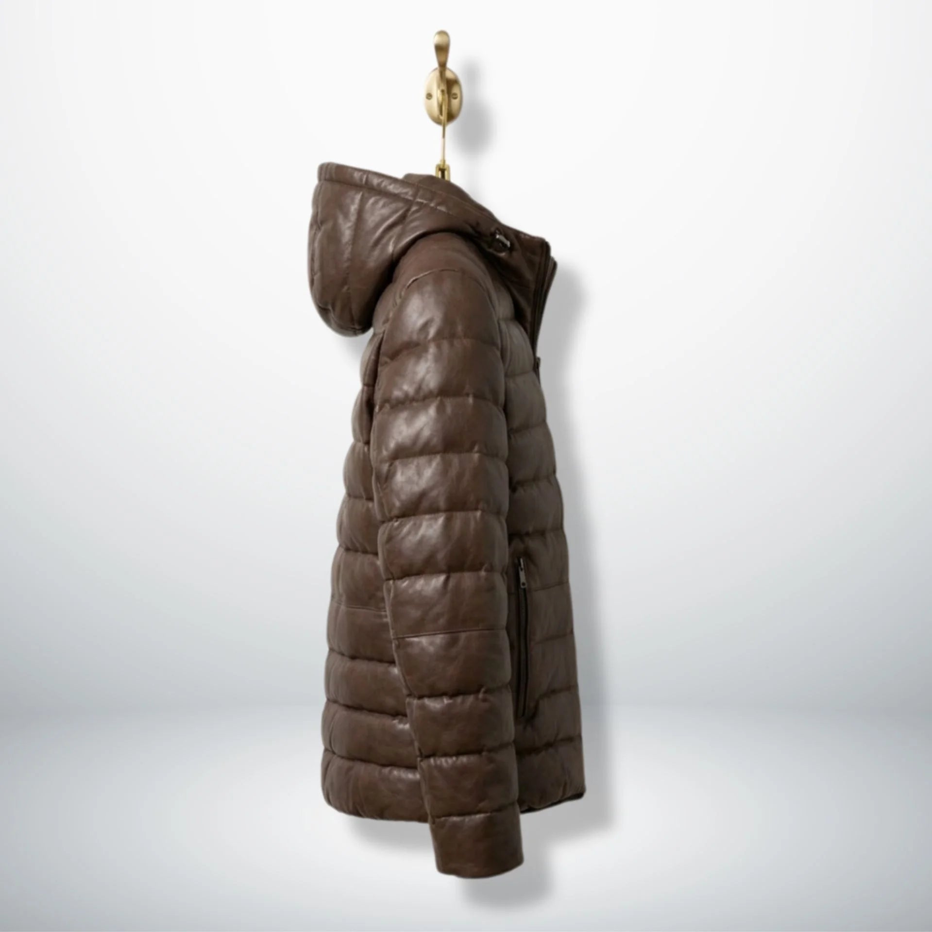 Side profile of Men's Brown Hooded Real Leather Puffer Jacket