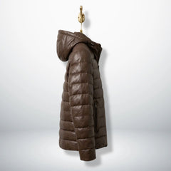 Side profile of Men's Brown Hooded Real Leather Puffer Jacket