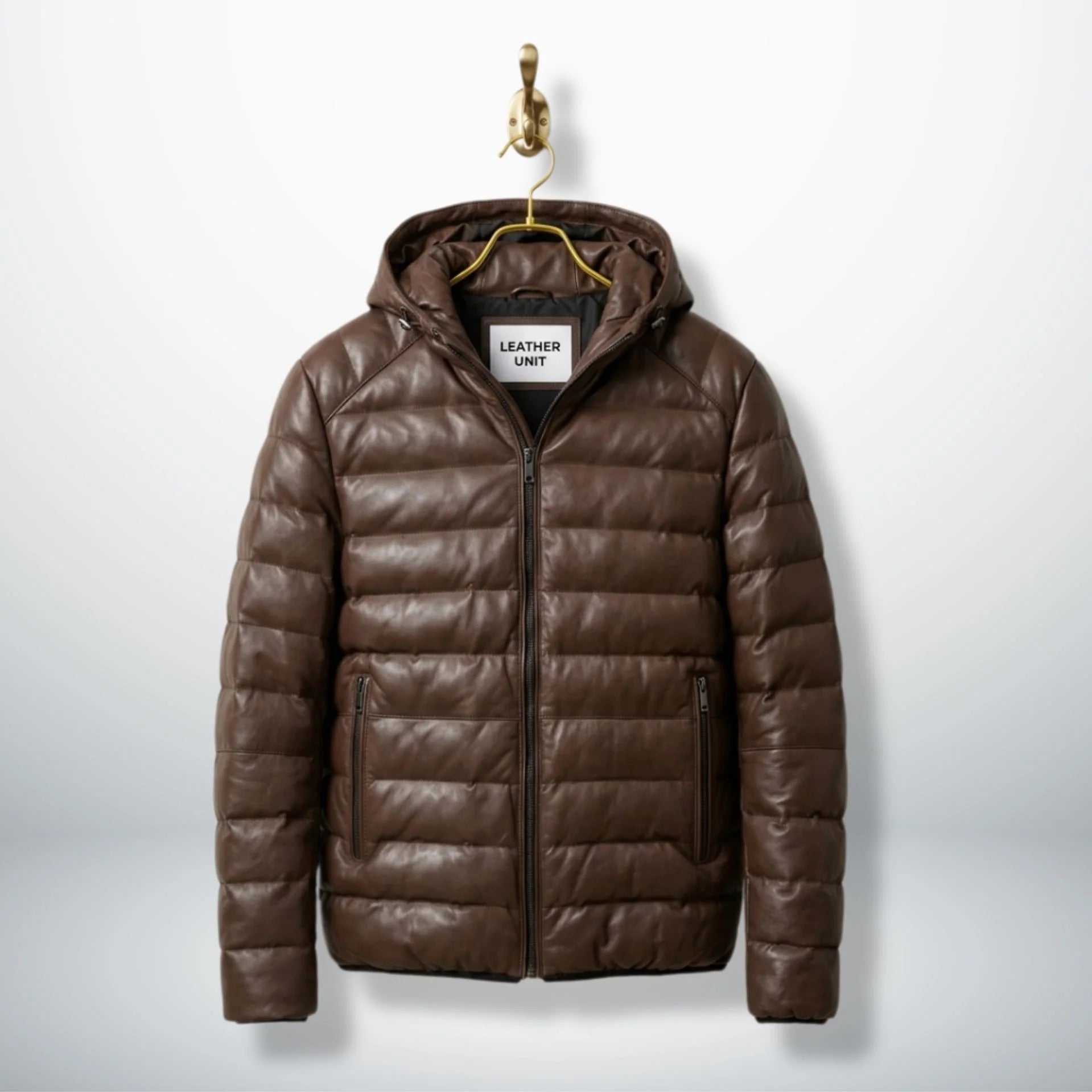 Men's Brown Hooded Leather Puffer Jacket front view - Genuine Sheepskin by Leather Unit