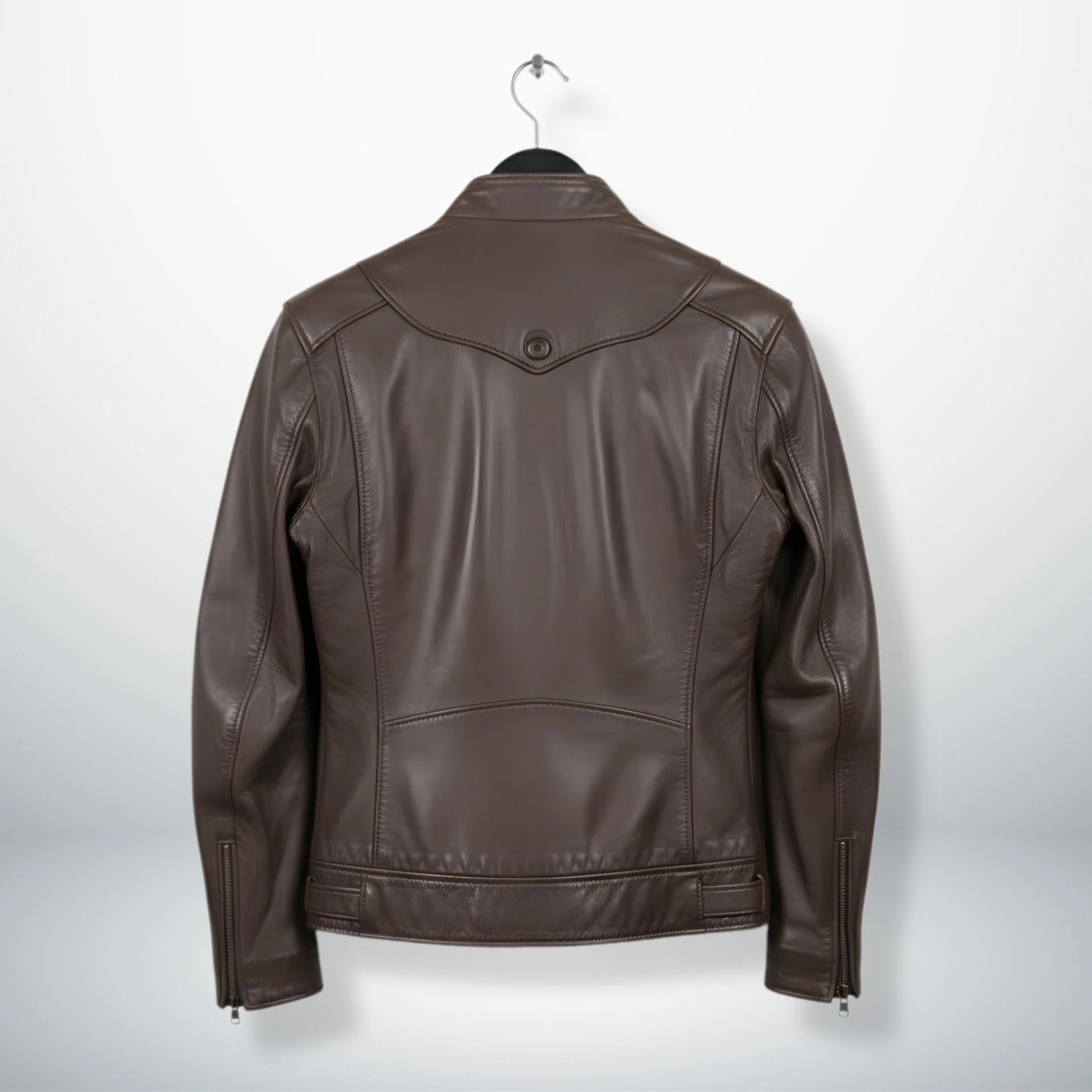 back view of men's brown leather jacket with panelled seams and yoke.