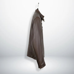 side profile of men's brown leather moto jacket with collar buckle.