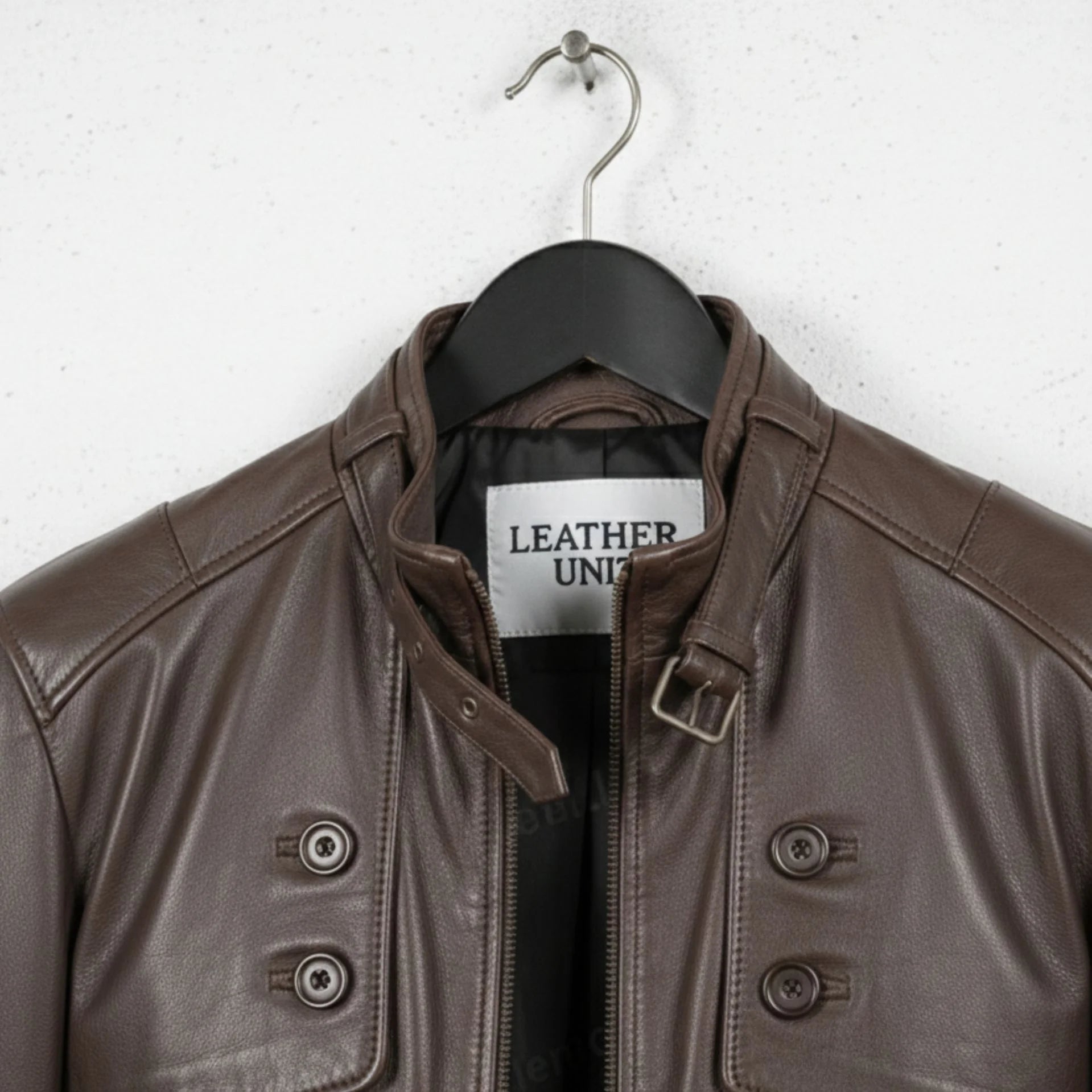 close up of collar and chest button detail on men's brown leather jacket by Leather Unit.