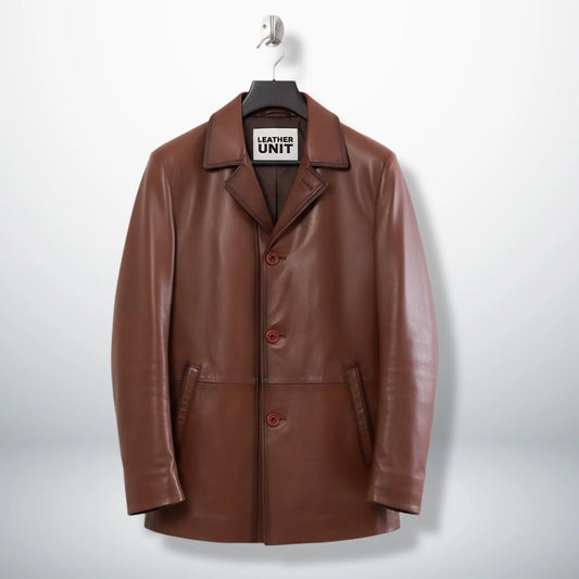 Front view of men’s brown leather blazer coat by Leather Unit