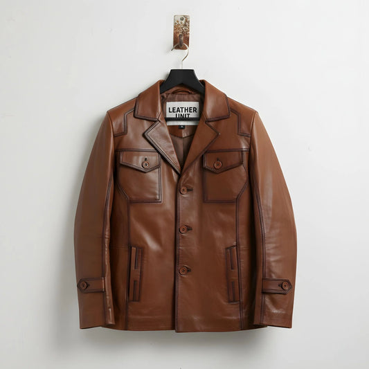 front view of men's brown leather blazer jacket with flap pockets.