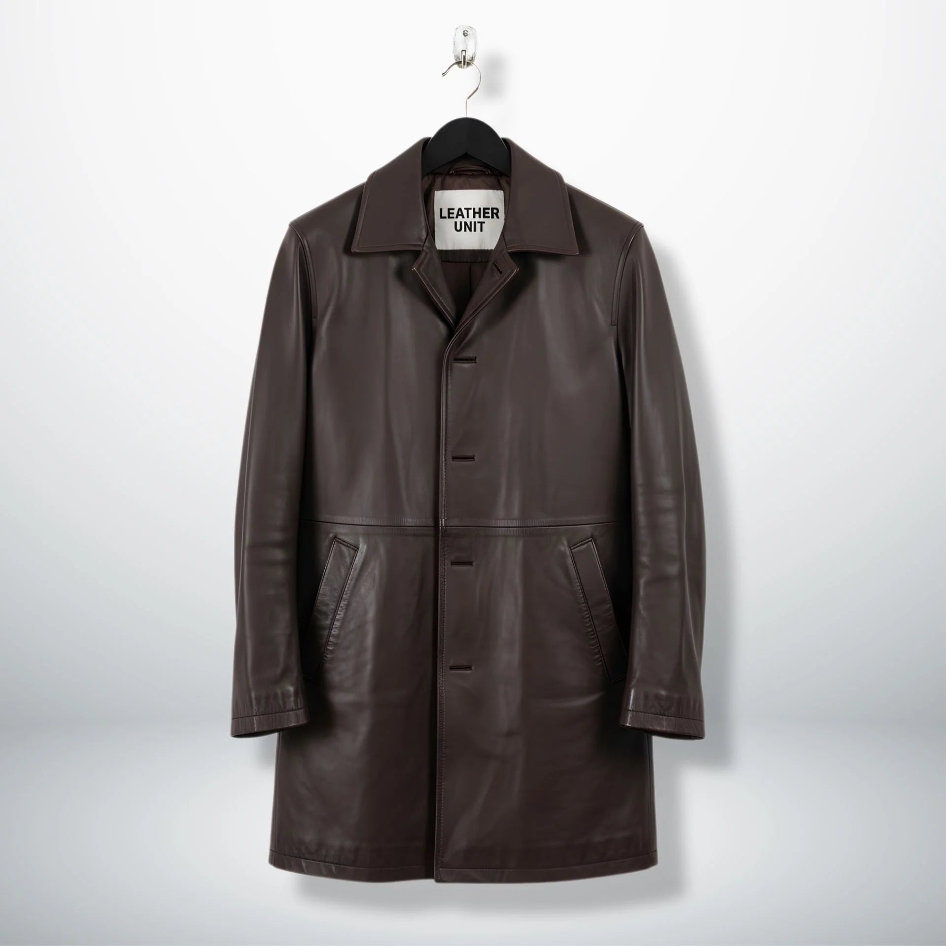 Front view of men's dark brown leather car coat by Leather Unit.