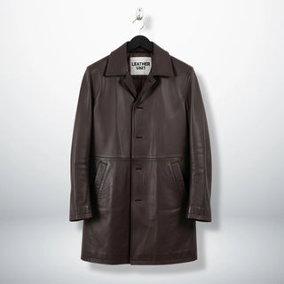 Front view of men's dark brown leather car coat by Leather Unit.