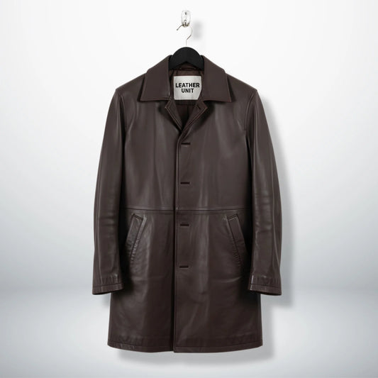 Front view of men's dark brown leather car coat by Leather Unit.