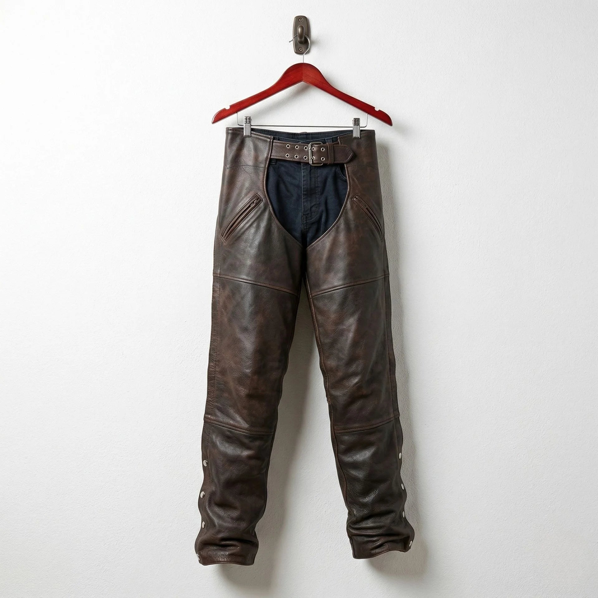 Front view of men's distressed brown leather motorcycle chaps with belt worn over black pants