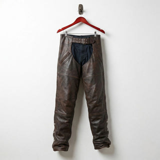 Front view of men's distressed brown leather motorcycle chaps with belt worn over black pants