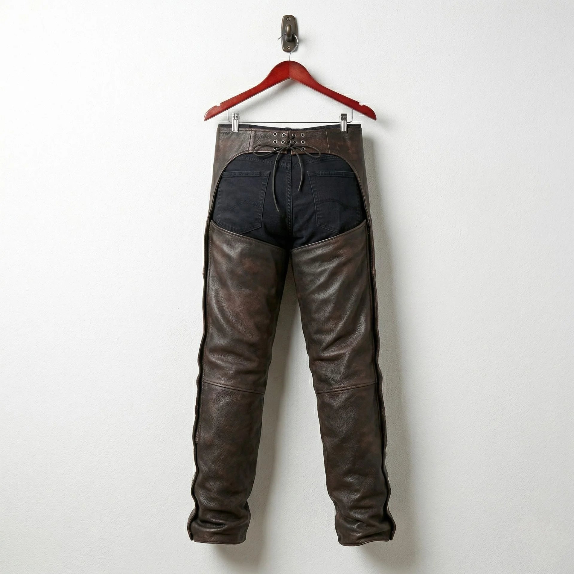 Back view of men's brown leather chaps showing open seat and lace-up waist