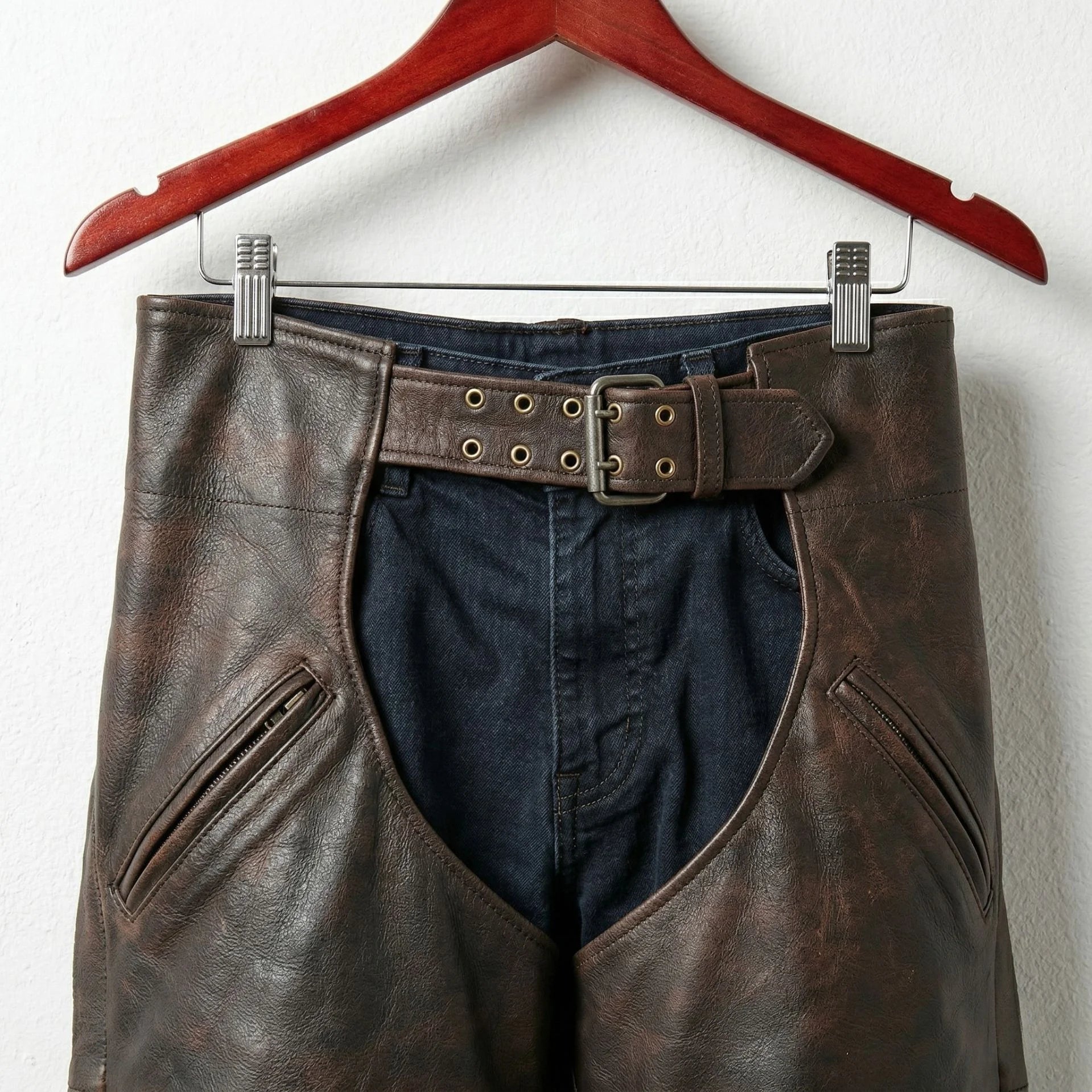 Close-up of adjustable grommet belt and top of brown leather chaps