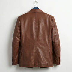 Back view of men’s brown leather blazer jacket with clean seams