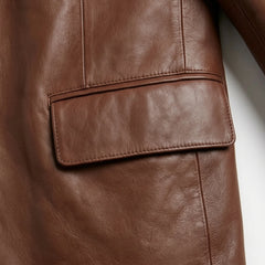 Flap pocket close up on men’s brown genuine leather blazer jacket