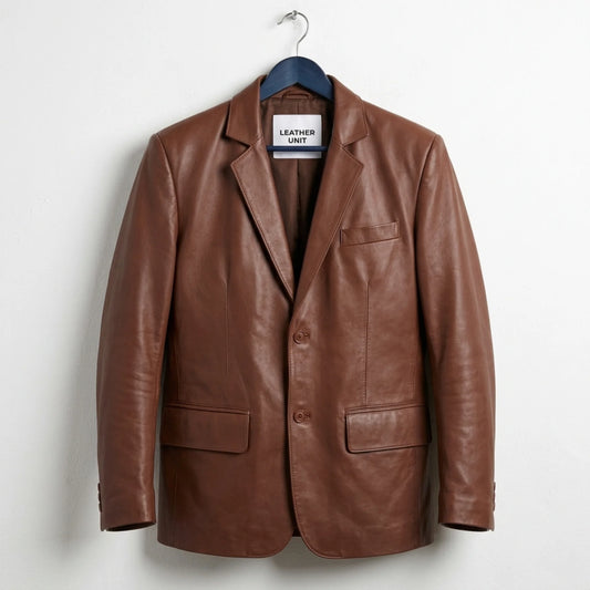Front view of men’s brown leather outer shell blazer by Leather Unit
