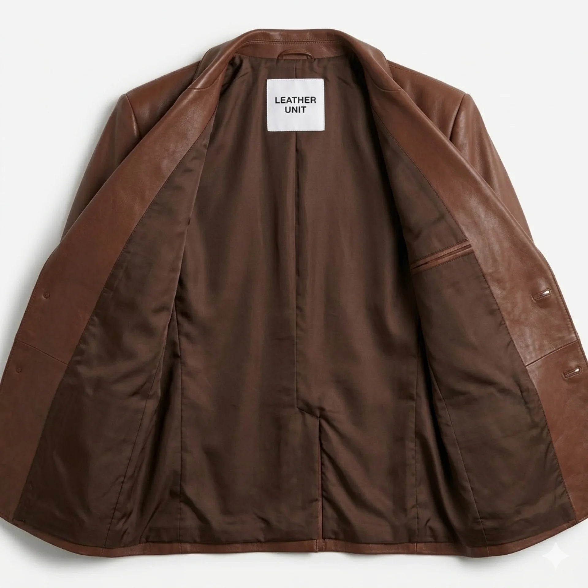 Inside lining of men’s brown leather outer shell blazer showing pockets