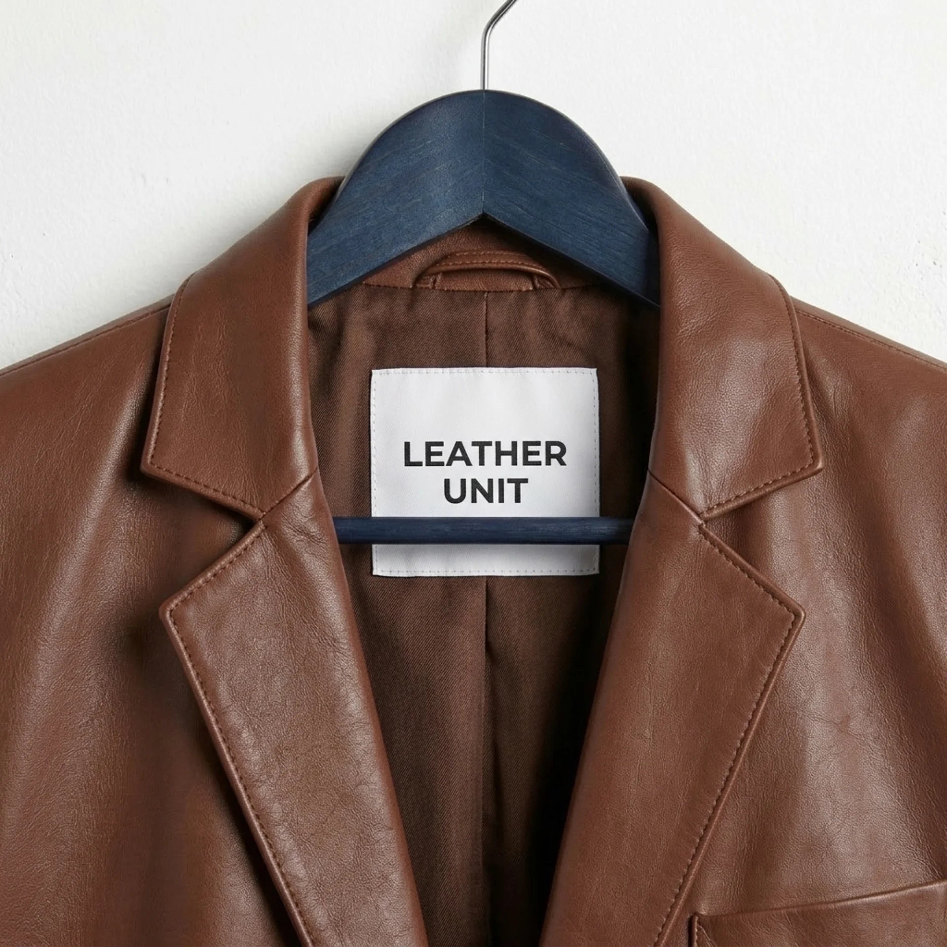 Close up of notch lapel and Leather Unit label on brown leather blazer