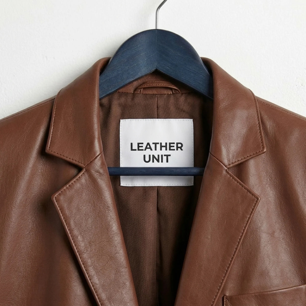 Close up of notch lapel and Leather Unit label on brown leather blazer