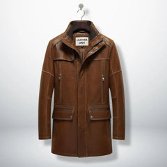 Front view of men’s brown stand collar leather winter coat by Leather Unit
