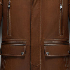 Front zip pockets and flap pockets on men’s brown leather stand collar coat