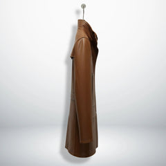 Side profile of men’s vintage inspired brown leather coat