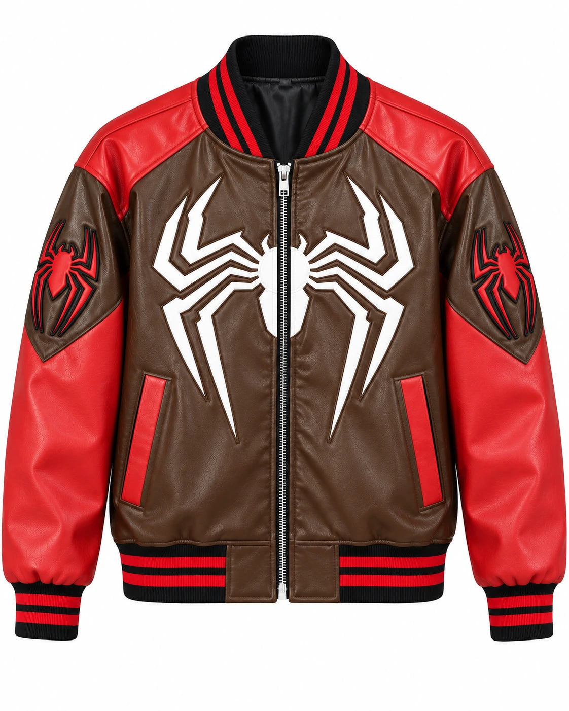 Front view of brown and red spider leather bomber with full zip, large white graphic, angled pockets and striped ribbed collar