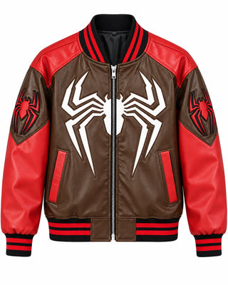 Front view of brown and red spider leather bomber with full zip, large white graphic, angled pockets and striped ribbed collar
