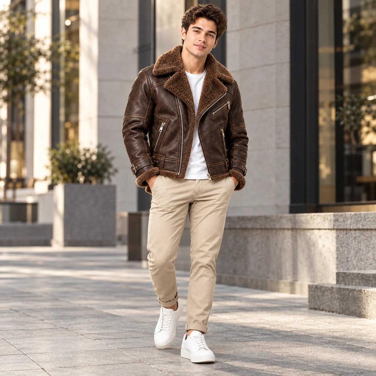Men wearing espresso brown sheepskin leather aviator jacket with faux fur collar in an outdoor lifestyle setting