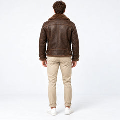 Back model view of espresso brown leather aviator jacket showing panelled construction and faux fur collar
