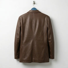 Back view of men’s brown leather blazer jacket showing clean seams