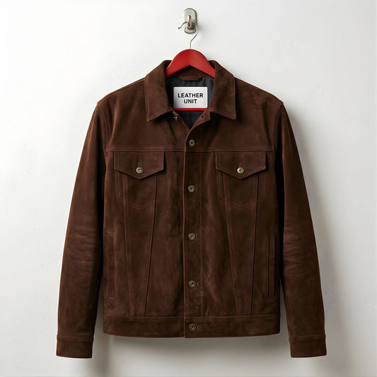 Front view of men's dark brown suede trucker jacket by Leather Unit.