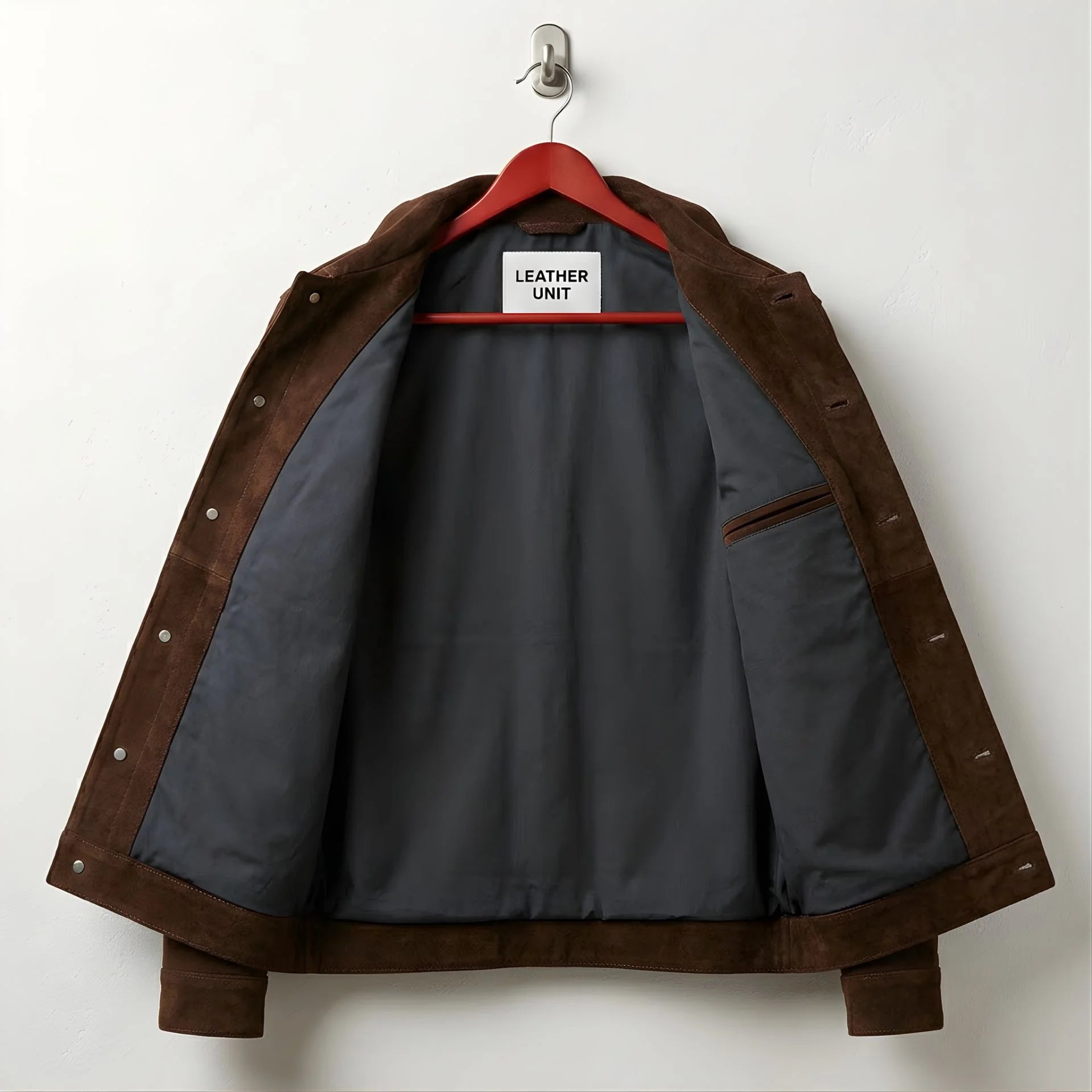 Interior of men's brown suede jacket showing grey lining and inside pocket.