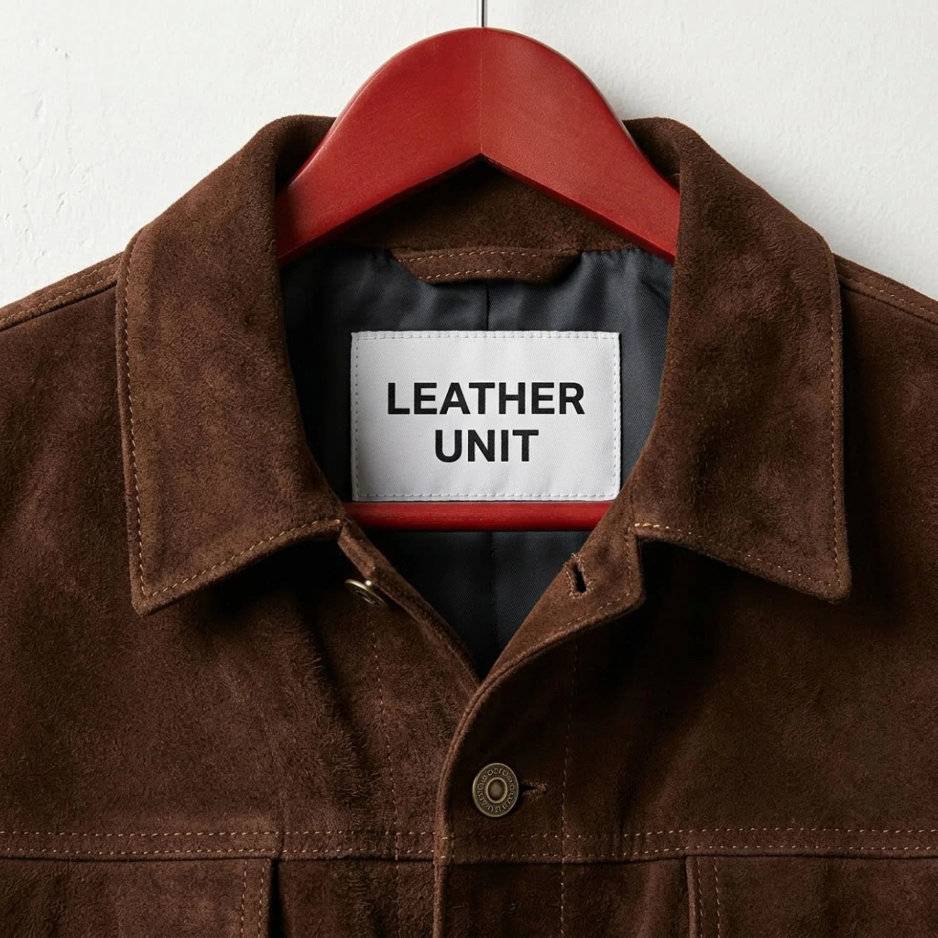 Close up of collar and Leather Unit label on men's brown suede jacket.