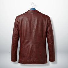 Back view of men’s burgundy leather blazer with tailored seams