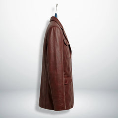Side profile of men’s burgundy blazer style leather jacket