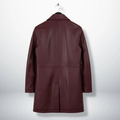 Back view of men’s maroon 3/4 length leather coat with vent