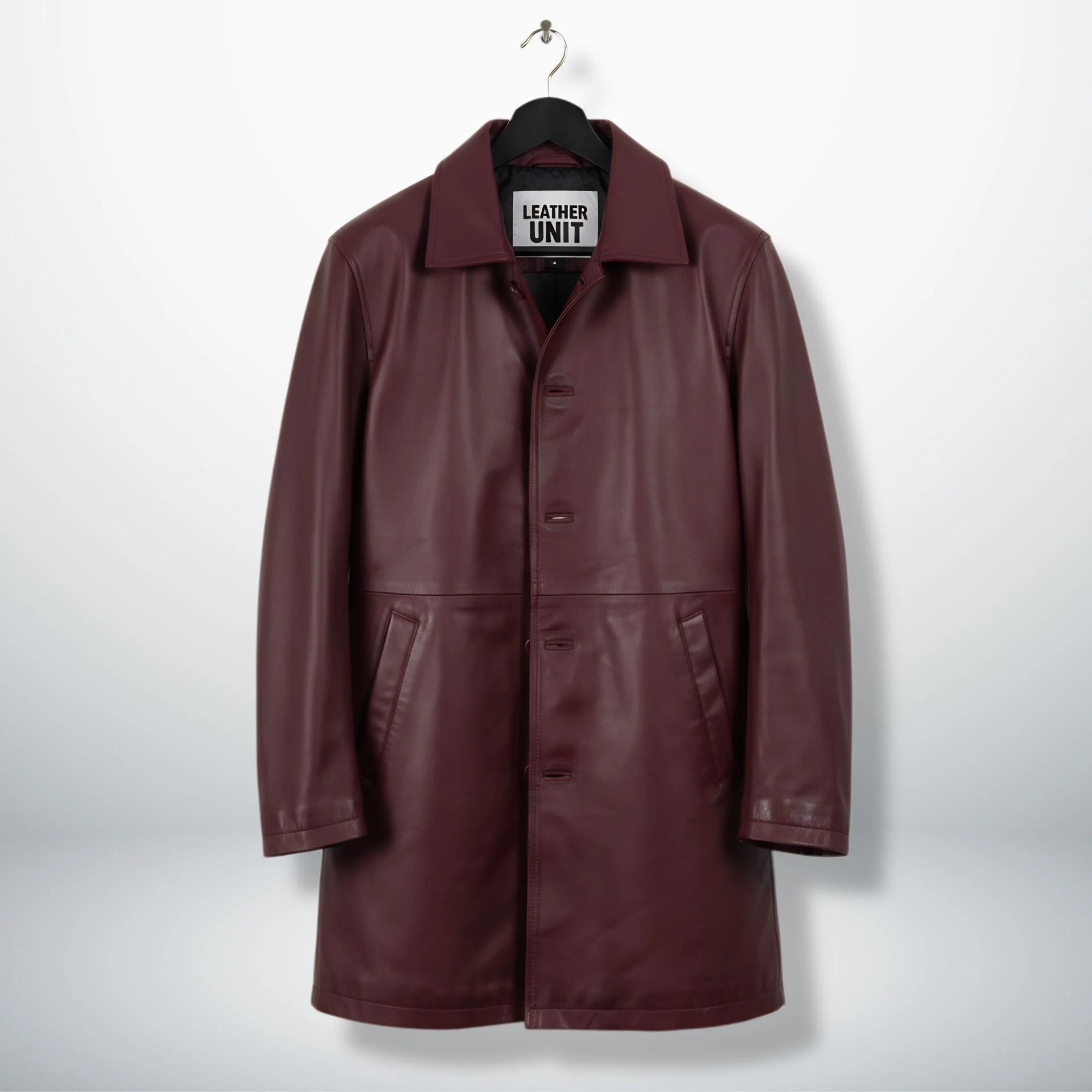Front view of men’s burgundy leather car coat by Leather Unit