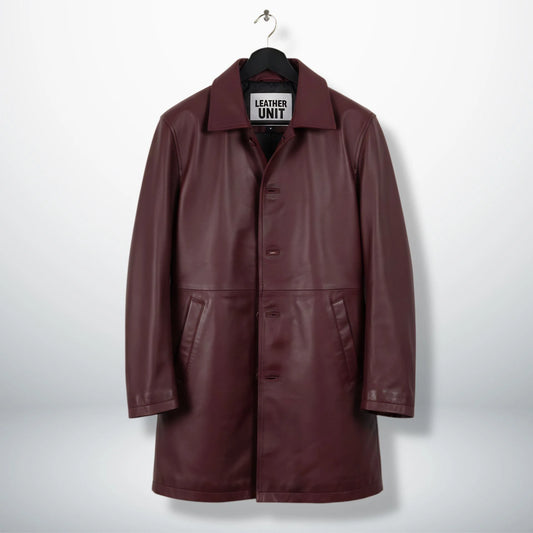 Front view of men’s burgundy leather car coat by Leather Unit