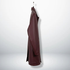 Side profile of men’s burgundy lambskin leather car coat