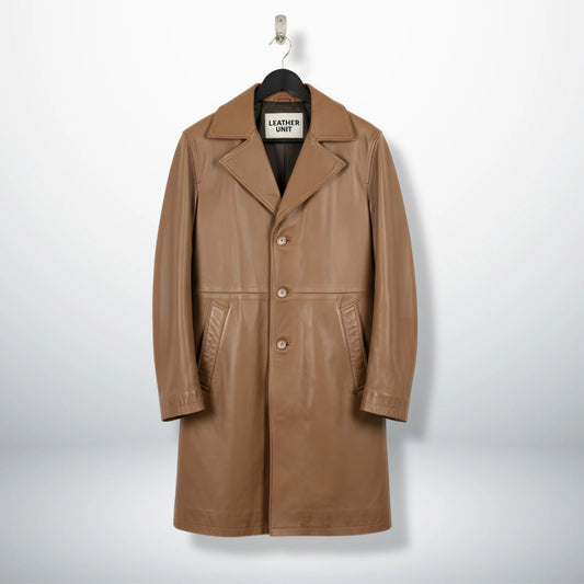 Front view of men's camel brown 3/4 length leather coat by Leather Unit.