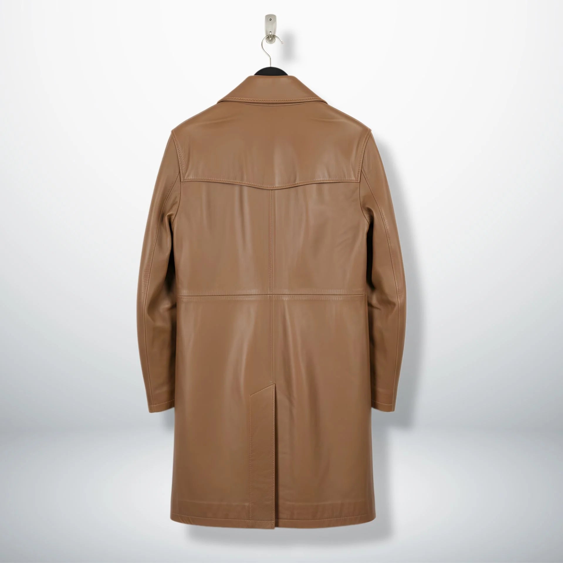 Back view of men's camel leather coat with center vent.