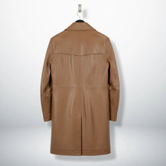Back view of men's camel leather coat with center vent.