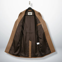 Interior of men's camel brown leather coat showing dark brown lining.