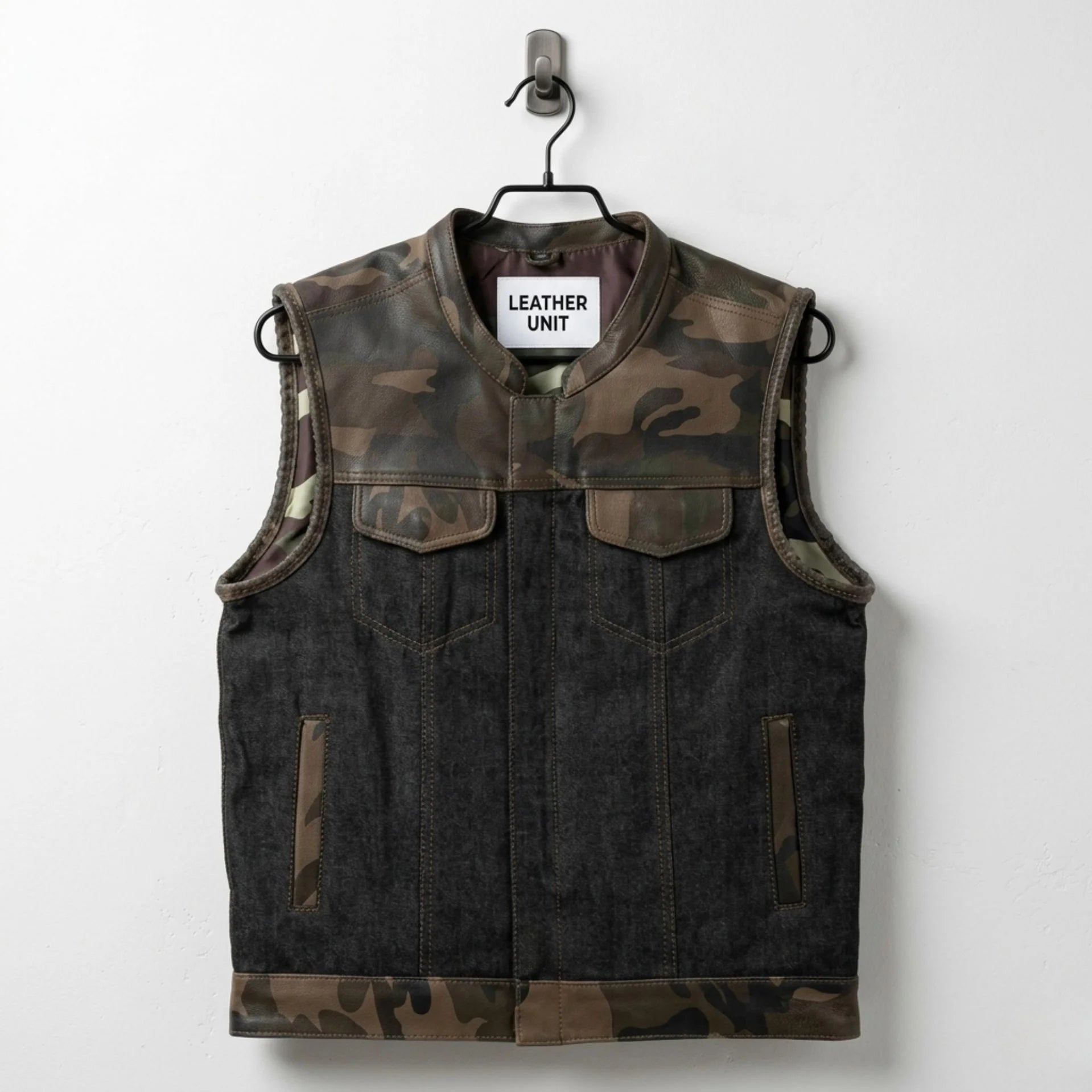 Front view of men's camo leather and dark denim infantry vest by Leather Unit