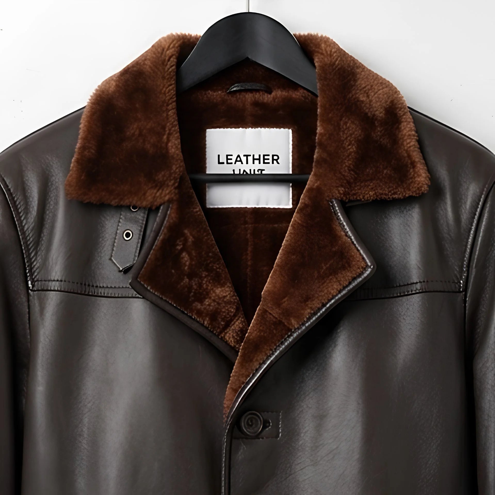 Close up of fur collar and Leather Unit label on dark brown shearling coat